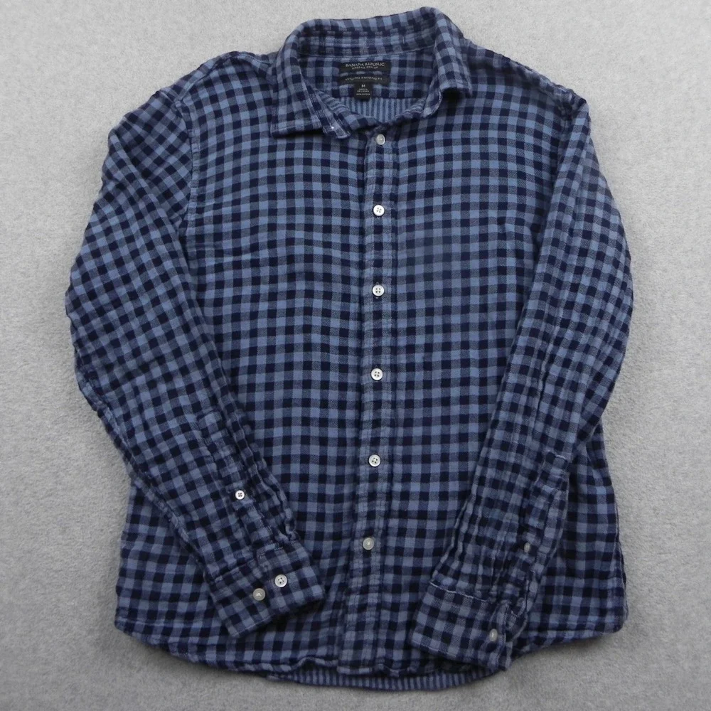 Banana Republic Shirt Mens M Untucked Standard Fit Blue Gingham Organic Cotton